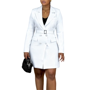 Detail view of white double-breasted blazer dress with belt and silver buttons