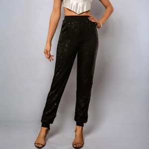 Pantaloni Jogger con Paillettes Neri a Vita Alta da Donna Vita Elastica Eleganti Pantaloni a Sigaretta per Feste e Club