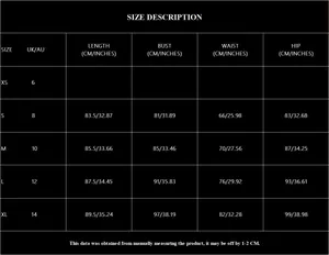 Size chart table for V-neck champagne mini dress with measurements from XS to XL in CM and IN