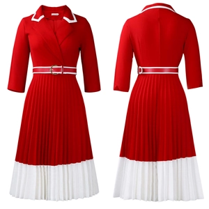 Detail of red pleated A-line dress with white lapel collar and matching waist belt