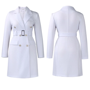 Front and back view of white long sleeve double-breasted dress with golden buttons