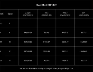 Size chart for green slit party dress with measurements in cm and inches for XS to XL