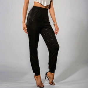 Pantaloni jogger neri con paillette a vita alta ed elastico in vita per feste