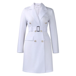 Detail of white double-breasted blazer dress with gold buttons and waist belt