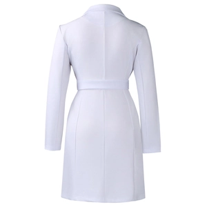 Rear view of white long sleeve double-breasted blazer dress with slim waist design