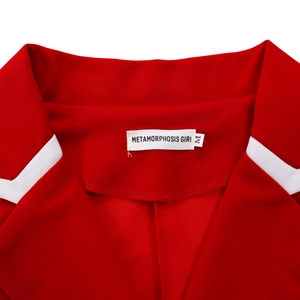 Detail of red collared top with white contrast stripes and brand label stitching