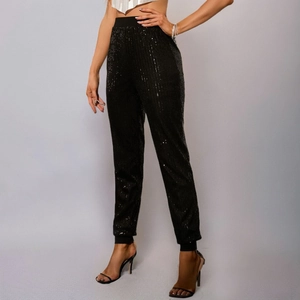 Pantaloni da donna con paillettes nere a vita alta con elastico in vita per feste