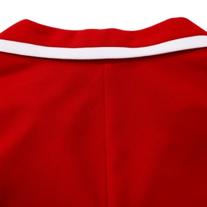 Close-up of red long-sleeve dress collar with white decorative stripes and fine stitching