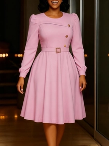 Abito Midi da Donna Elegante Tinta Unita Linea A Con Cintura Girocollo Manica Lunga a Sbuffo Vita Alta Ufficio Festa