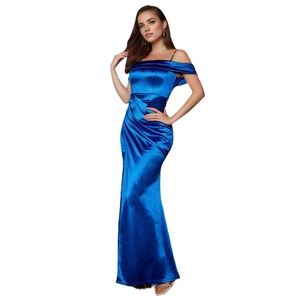 Elegant bright blue satin formal evening gown with asymmetric shoulder and high slit