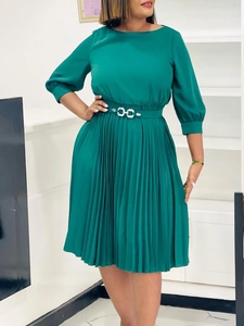 Elegante Vestito Midi Plissettato da Donna Girocollo Manica a 3/4 Con Cintura Vita Alta Tinta Unita Pendolare Ufficio