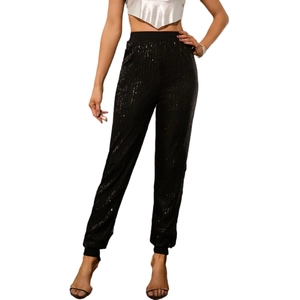 Pantaloni jogger neri con paillettes a vita alta ed elastico ideali per le feste