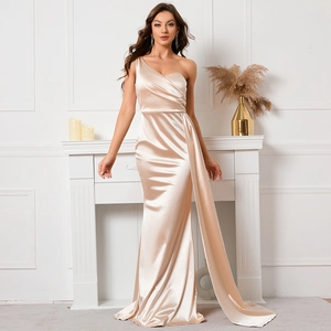 Elegant One Shoulder Satin Evening Gown Mermaid Champagne Long Dress For Wedding Party Formal Occasion Women Clothing