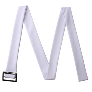 Detail of light purple fabric belt with black metallic buckle for dress styling