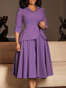 Robe Midi Élégante pour Femmes Col à Revers Manches Trois Quarts Peplum Taille Haute Plissée Grand Swing Robe de Soirée