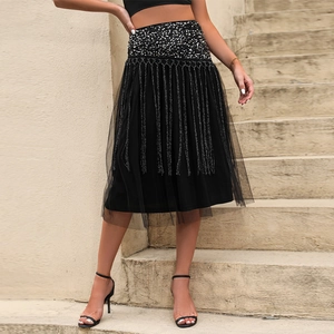 Women High Waist Black Sequin Tassel Mesh Skirt Elegant A-Line Midi Party Skirt Glamorous Fringe Evening Skirt