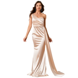 Elegant champagne satin one-shoulder evening gown with pleats and a fishtail hem