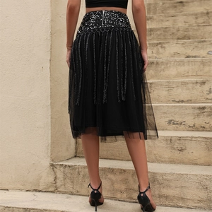 Elegant black sequin fringe mesh skirt with high waist and midi length for parties