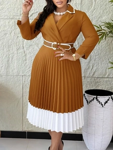 Elegant Contrast Color Pleated A-Line Dress For Women Blazer Collar Long Sleeve High Waist With Belt Casual Office Midi Dress