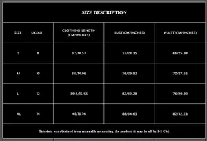 Size chart for black knit tube top showing S to XL bust and waist measurements in cm and inch