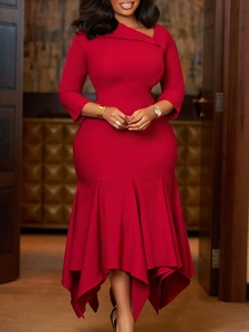 Elegant red slim-fit dress with asymmetric collar and ruffled hem for fashion women