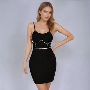 Robe Courte Élégante Noire à Bretelles pour Femme avec Künstliche Perles Taille Haute Dos Nu Bodycon Party Coupe Slim