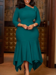 Elegant dark green midi dress with asymmetrical neckline and ruffled fishtail hemline