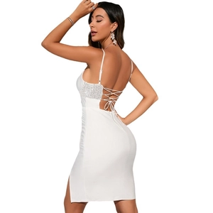 White sequin cocktail dress with cross back straps and side slit for parties