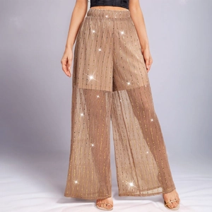 Women High Waist Sequin Mesh Wide Leg Pants Apricot Sparkly Sheer Trousers With Short Lining For Party Evening Daily Fashion