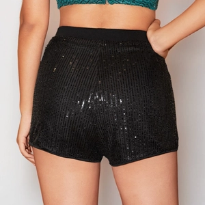 Sparkly black high waisted sequin shorts for women with elastic waistband party wear