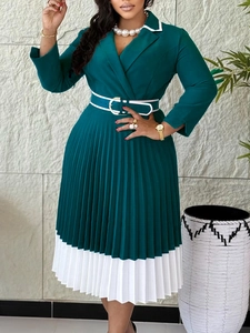Elegant dark green long sleeve A-line pleated dress with contrast white lapel and hem trim