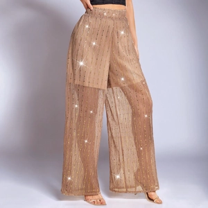 Sparkly champagne sequin wide leg trousers with high waist and pleated sheer fabric