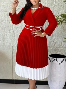 Elegant red V-neck long-sleeve dress with white pleated hem and matching belt