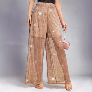Women's champagne gold sequin mesh wide leg trousers with high waist and short lining