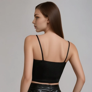 Chic black ribbed knit camisole with thin straps and a stylish backless design