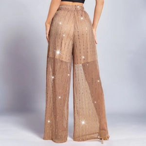 Sparkly champagne sequin wide leg trousers with sheer mesh and built-in shorts