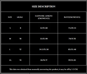 Detailed size chart for black sequin camisole crop top from S to XL with UK and AU measurements