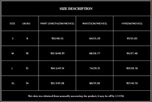 Size guide table for champagne sequin high waist party trousers in S, M, L, XL sizes
