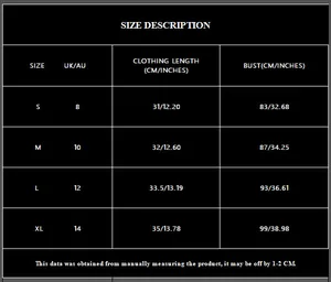 Tableau des tailles détaillant les mesures S-XL pour crop top noir à paillettes