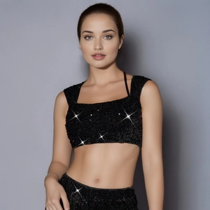 Top Court Sexy à Paillettes Noires pour Femme Épaules Dénudées Sans Manches Laçage au Dos Coupe Ajustée Étincelant Fête Club Élégant
