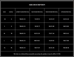 Detailed size chart for evening fishtail dress showing measurements in CM and INCHES