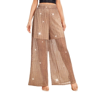 Women's high waist wide leg sequin trousers in apricot mesh with sparkling details