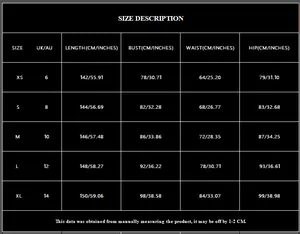 Detailed size chart for evening dress with measurements in inches and centimeters