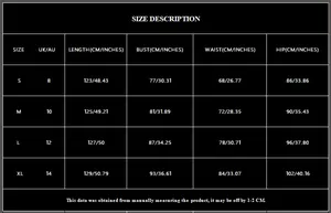 Guide des tailles détaillé pour robe dos nu noire avec mesures S-XL en cm et en pouces