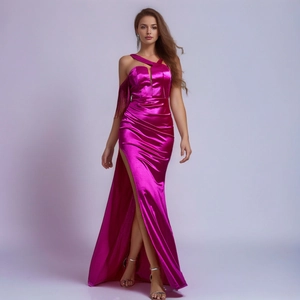 Elegant fuchsia satin evening dress with high slit and tassel shoulder detail