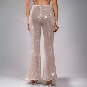 Sparkling champagne sequin high waist flare pants with a sleek back zipper closure