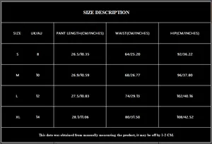 Detailed size chart for high waist sequin shorts including waist and hip measurements