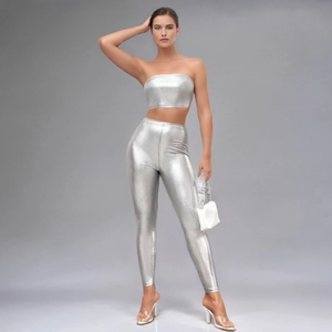 Damen Metallic Silber Outfits Bandeau Crop Top Und High Waist Skinny Lange Hosen Sexy Party Abend Outfits Für Damen