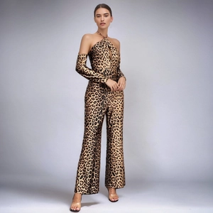 Women's Leopard Print Halter Neck Hollow Out Jumpsuit High Waist Wide Leg Jumpsuit With Detachable Long Sleeves Top And Bottom