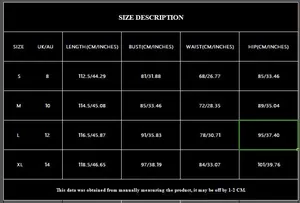 Detailed size chart for sequin slit cocktail dress featuring S to XL dimensions in CM and INCHES
